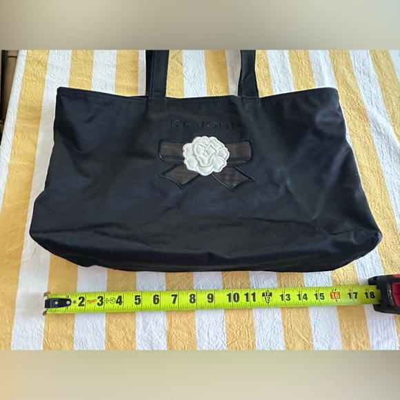 St. John Handbags - Vintage St John Black Satin Tote - White Flower Detail